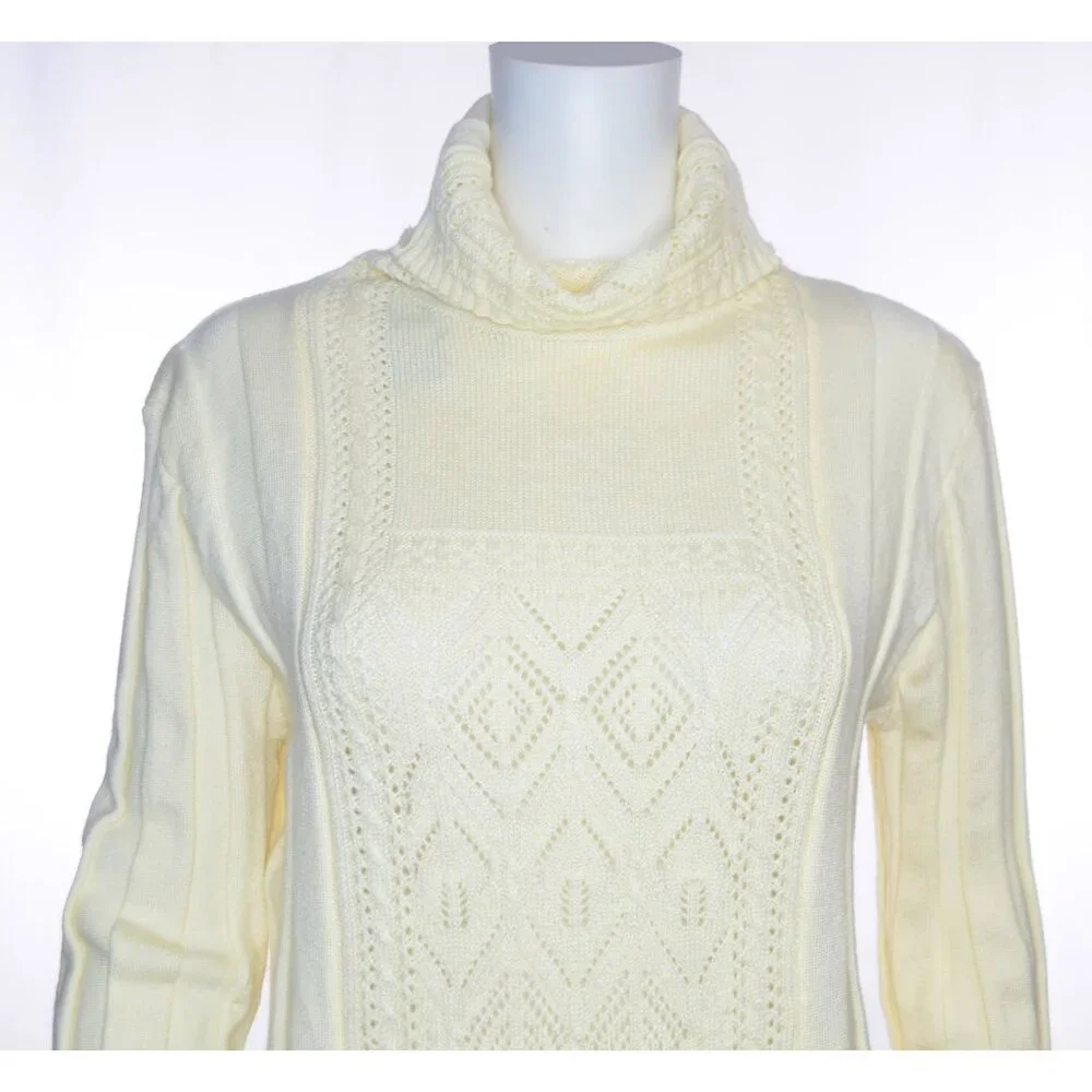 Westbound Turtleneck Open Knit Ribbed Long Sleeve Sweater Cream Size L - Picture 2 of 6